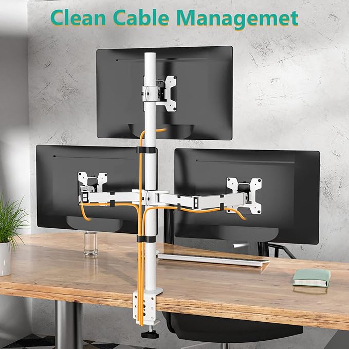 WALI Triple Monitor Stand, Fully Adjustable Three Monitor Desk Mount Fits 3 Screens up to 27 inch, 22 lbs. Weight Capacity per Arm (M003-W), White