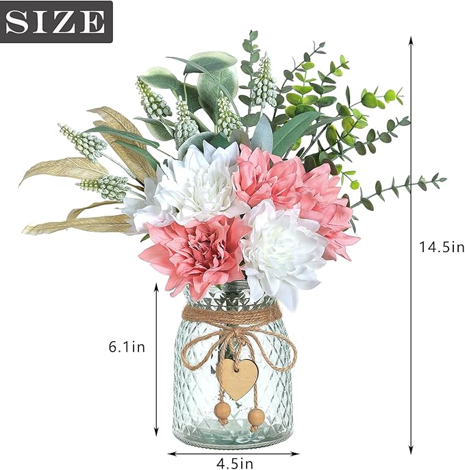 Faux Flowers with Vase,Artificial Silk Flowers in Vase, Fake Plant Eucalyptus and Willow,Flower Arrangement for Home Farmhouse Dining Table Centerpiece Decorations Coffee Table Decor (Dusty Pink)
