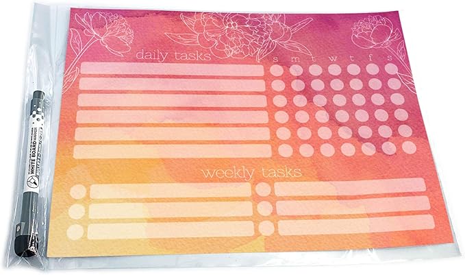 Dry Erase Whiteboard Task Planner | Removable and Restickable Adhesive Decal | Fine-Tip Magnetic Marker Included (9 x 12 inches, Peony)