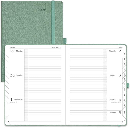 POPRUN 2026 Weekly Planner (Medium 6.75" x 8.75") 12 Months Calendar Notebook with Horizontal Layout, Leather Hardcover, Inner Pocket, 100GSM Thick Paper, Pen Holder - Midnight Green
