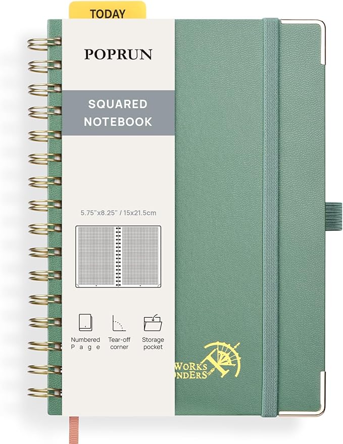 POPRUN Graph Paper Spiral Journal Notebook, [A5-5.75'' x 8.25''] - 120 GSM Thick Paper, 141 Numbered Pages, Grid Notebooks for Men & Women with Pocket, Index Tabs, 8 Perforated Sheets,Midnight Green