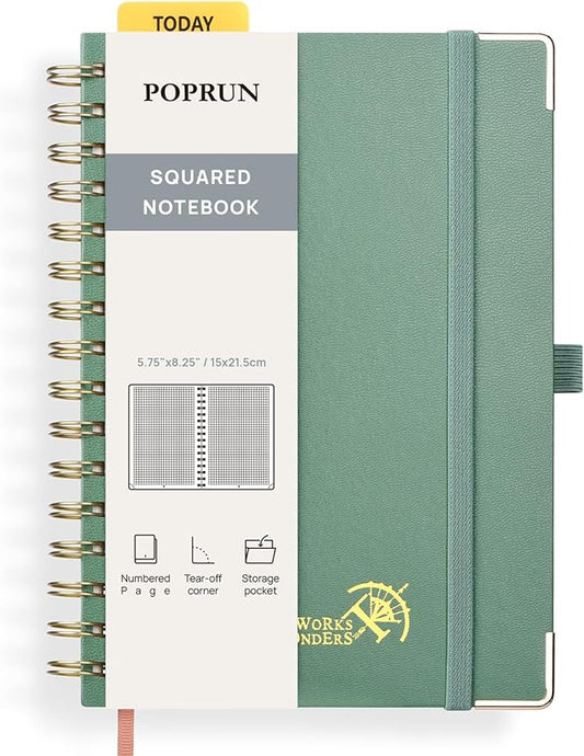 POPRUN Graph Paper Spiral Journal Notebook, [A5-5.75'' x 8.25''] - 120 GSM Thick Paper, 141 Numbered Pages, Grid Notebooks for Men & Women with Pocket, Index Tabs, 8 Perforated Sheets,Midnight Green