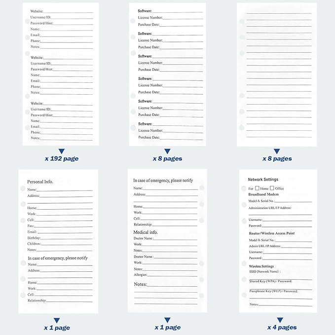 A6 Password Book Refills - 576 Entires Password Notebook Refill Paper with Alphabetical Tabs, Large Print Internet Log Book Replacement Pages, 224 Pages, 6.8in x 4.1in