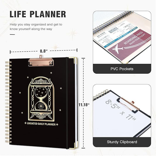 Ospelelf Spiral Bound Undated Daily Weekly Monthly Student Planner 2025 - Black Hourly Work Planner, Hardcover, 8.5 x 11