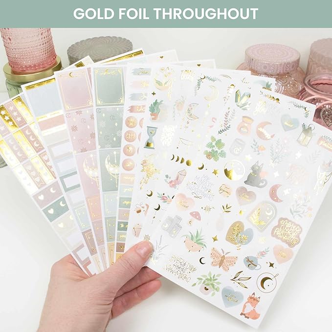 bloom daily planners x Simply Gilded Aesthetic Neutral Planner Stickers (8 Sheets / 435 Stickers) - Bohemian Variety Pack with Gold Foil for Decorating, Planning, Scrapbooking