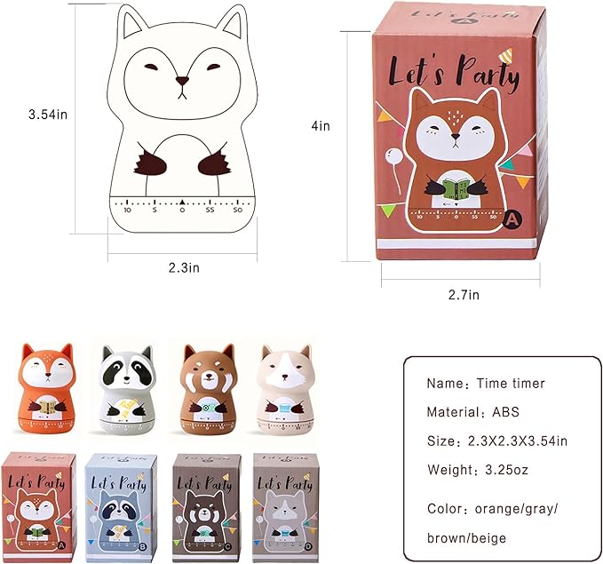2 Pack Cute Kitchen Timer,100% Mechanical Timer for Kids,60 Minute Egg Timer for Cooking/Reading/Do Sports. (Fox and Raccoon)