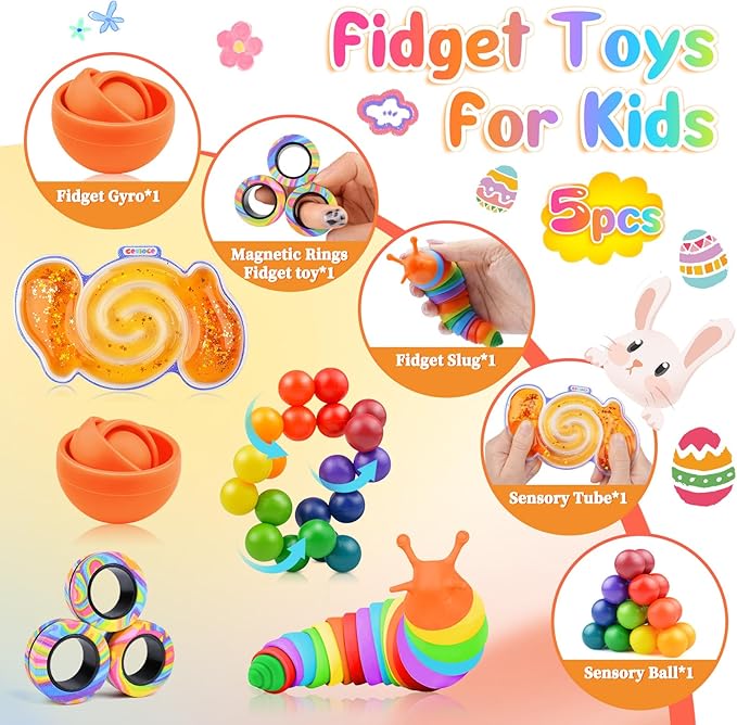 Cevioce 5Pcs Fidget Toys Adults Pack,Easter Basket Stuffers for Teens Boys,Autism Sensory Toys with Fidget Spinner Slug Magnetic Rings,Squishy Fidget Toys ADHD Stress Relief,Party Favor for Kid-O