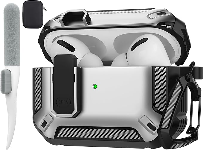 Maxjoy for AirPods Pro Case Cover with Lock, AirPods Pro 1st Generation Case for Men Military Rugged Protective Cover with Keychain Compatible with Apple AirPod Pros 2019 Front LED Visible, Silver