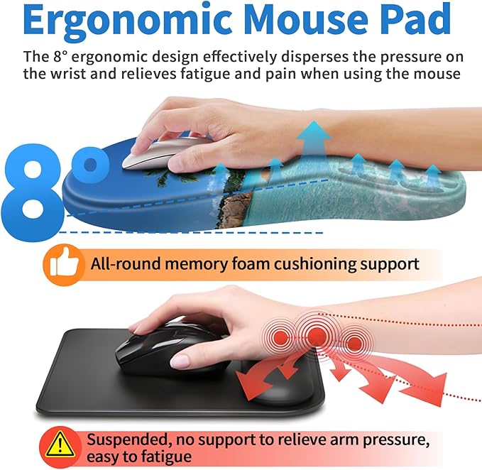 Ergonomic Mouse Pad with Wrist Rest Support, Mousepad with Comfortable Memory Foam Wrist Rest and Non-Slip PU Base for Pain Relief, Computer, Laptop, Office, Home (Beach)