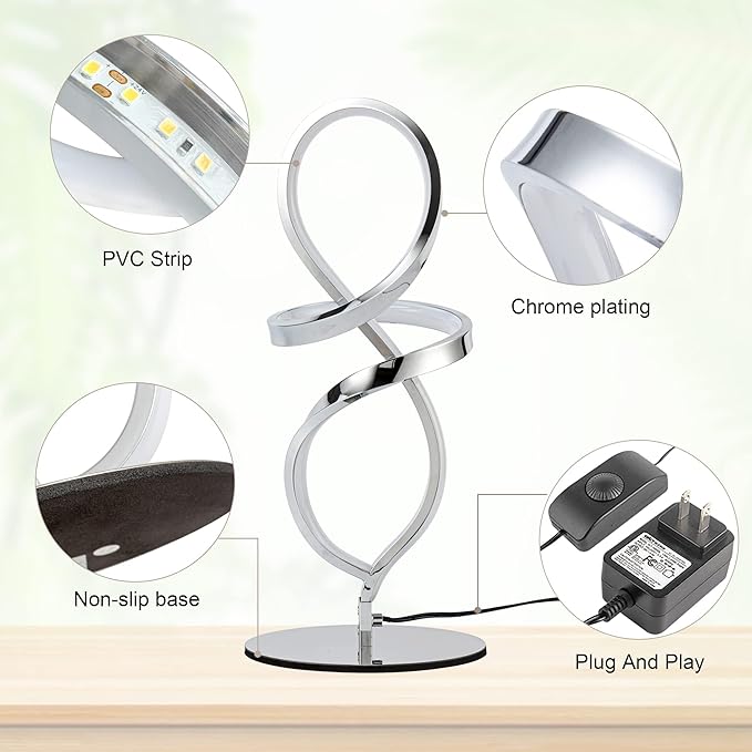 Mayful Modern Table Lamp with LED Spiral Design, Bedside Lamp with Stepless Dimming Switch, Contemporary Nightstand & Chrome Table Lamp for Bedroom, Living Room, Home Office, 12W 3200K Warm White