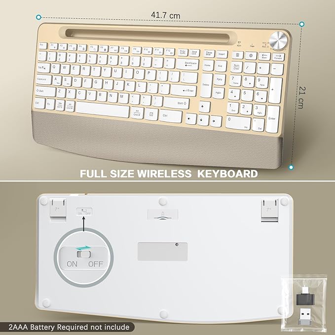 JOYACCESS Ergonomic Wireless Keyboard and Mouse Combo, Full-Sized Keyboard with Wrist Rest and Tablet Holder, Volume Roller for Computer PC Laptop-Gold&White