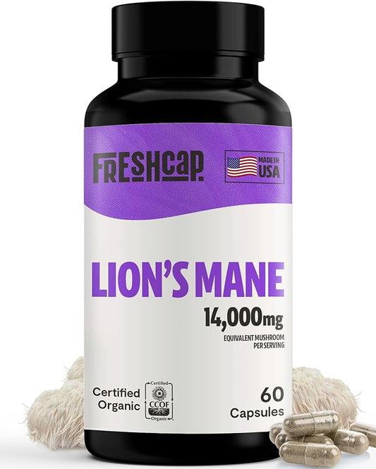 FreshCap Mushrooms Lions Mane Supplement Capsules 14,000mg - Lion's Mane, High Potency Extract, 14:1 Organic Mushroom Supplement, Ayurveda Focus Made in USA (60 Capsules)