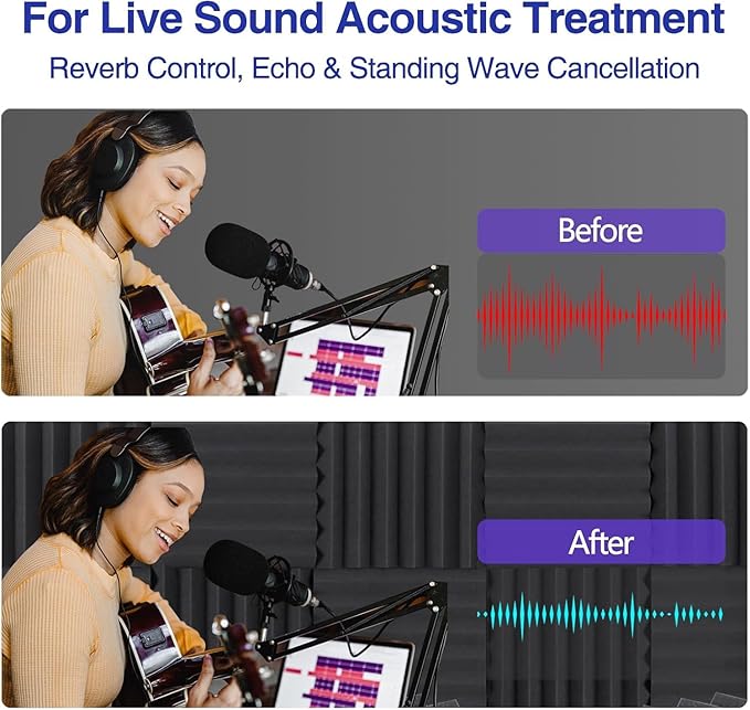 Acoustic Panels 24 Pack Soundproof Wall Panels 1" X 12" X 12" Sound Proof Foam Panels with Self Adhesive Noise Cancelling Soudproofing Wedge High Density Sound Absorbing for Studio Home Black