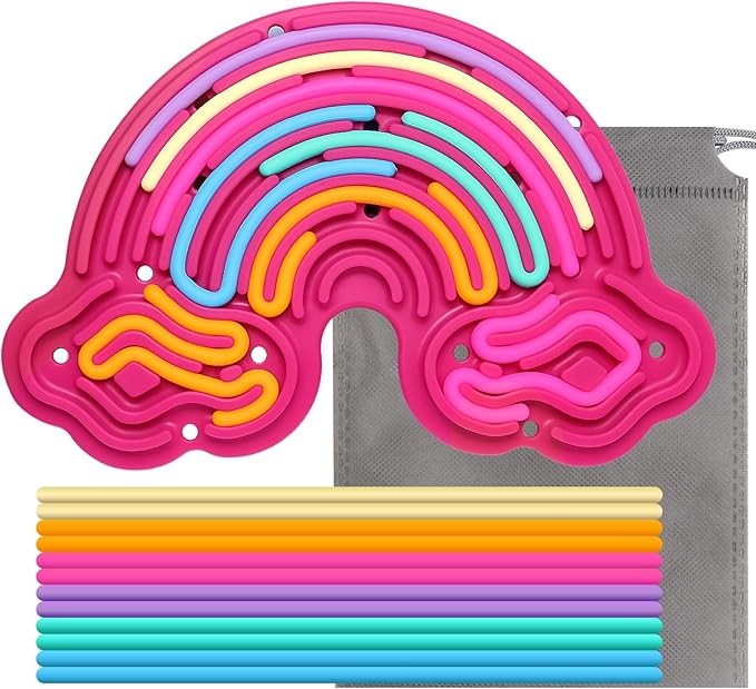 Sensory Activity Board Silicone Fidget Toy, Double-Sided Rainbow Sensory Toys for Autism, Stress, Anxiety, ADHD, Kids 3+& Adults, Includes Travel Bag & 12 Strings, Red