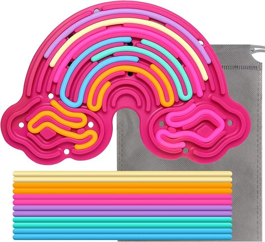 Sensory Activity Board Silicone Fidget Toy, Double-Sided Rainbow Sensory Toys for Autism, Stress, Anxiety, ADHD, Kids 3+& Adults, Includes Travel Bag & 12 Strings, Red