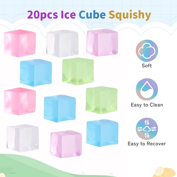 Jongdari Small Ice Cube Squishy Stress Cubes Balls Fidget Toys, Slow Rise Anxiety Relief Sensory Squeeze Toy Birthday Gifts Party Favors for Kids & Adults - 20pcs, Random Colors