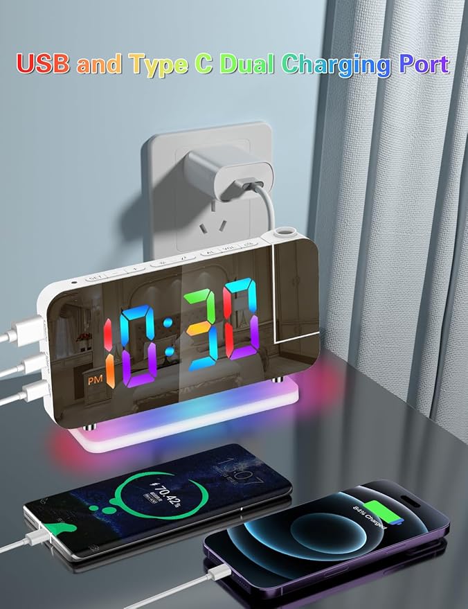Projection Alarm Clock, Digital Colorful Clock with 180° Rotatable Projector, Mirror Clocks with RGB Night Light,Snooze,12/24H, Dual Charger Port, Auto Dimmer, LED Desk Clock for Bedroom