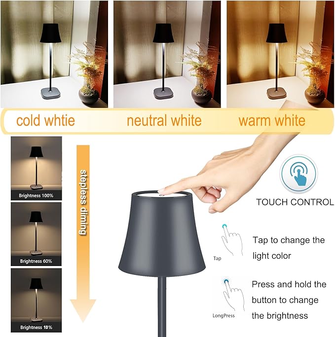 Cordless Table Lamp Portable LED Touch Lamp: 5400mAh Rechargeable Battery Operated Lamp: 3 Color Stepless Dimming Small Bedside Table Lamps for Living Room Bedroom Night Stands Home Office