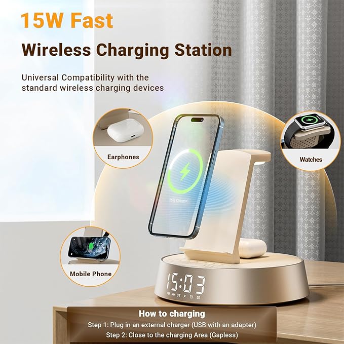 7 in 1 Wireless Charging Station, Alarm Clock for Bedroom with Dimmable Night Light Bluetooth Speaker, Dock Station for iPhone 16 15 14 13 12 11 Pro Max, Apple Watch