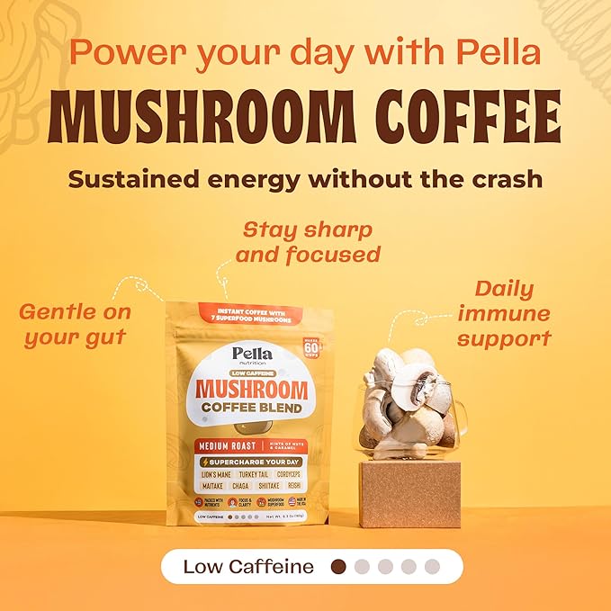 Organic Low-Caffeine Mushroom Coffee (60 Servings) with 7 Superfood Mushrooms, Great Tasting Instant Coffee, Includes Lion's Mane, Reishi, Chaga, Cordyceps, Shiitake, Maitake, and Turkey Tail