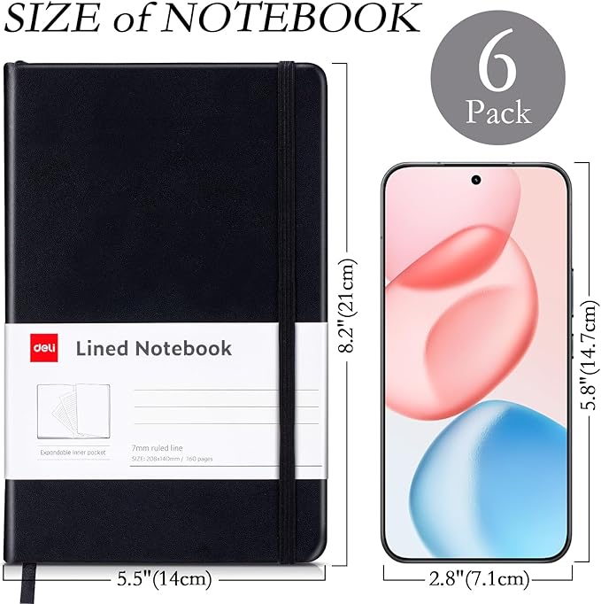 deli 6-Pack Black Lined Journal Notebook, 160 Pages Hardcover Writing Notebook, A5 (5.5"x8.2") College Ruled Notebook for Office, School, Work Notes
