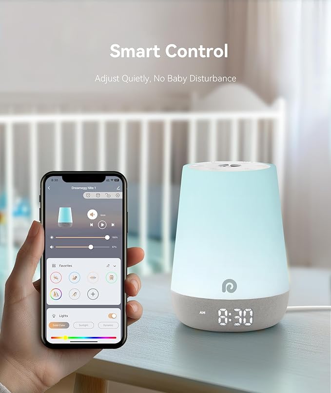 Dreamegg Nite 1 - Baby Sound Machine, Sleep Trainer, Night Light for Kids, Ok to Wake Alarm Clock, 34 Soothing Sounds, App Control, White Noise Sound Machine for Baby Kids Nursery(Sleepy Ellie)