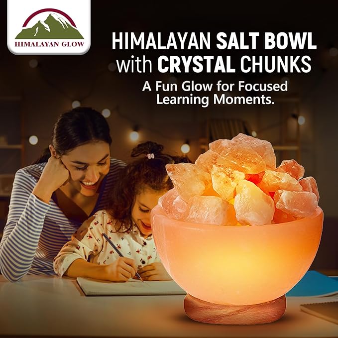 Himalayan Glow Massage Bowl Lamp with Natural Salt Crystal Chunks, Dimmer Cord with Classic Wood Base - Natural Crystal Salt Lamp with Mood Lightening and Night Light