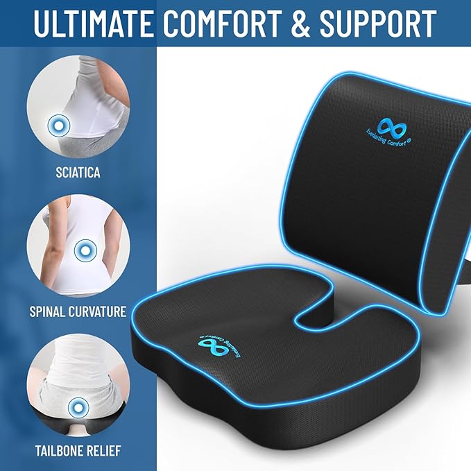 Everlasting Comfort Doctor Recommended Memory Foam Seat Cushion for Office Chairs & Car Seat - Ergonomic Office Desk Accessories for Tailbone Pain Relief, Sciatica & Back Support