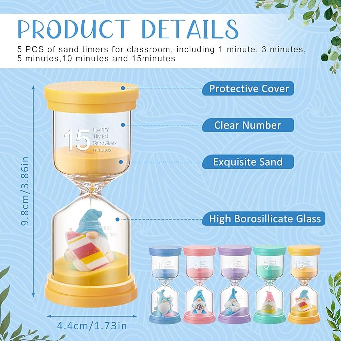 5 Pack Ocean Gnome Sand Timer for Kids Novelty Classroom Hourglass 1/3/5/10/15 Minutes Hour Glass with Sand Summer Clock Timer for Games Home Room Nursery Office Kitchen Desk