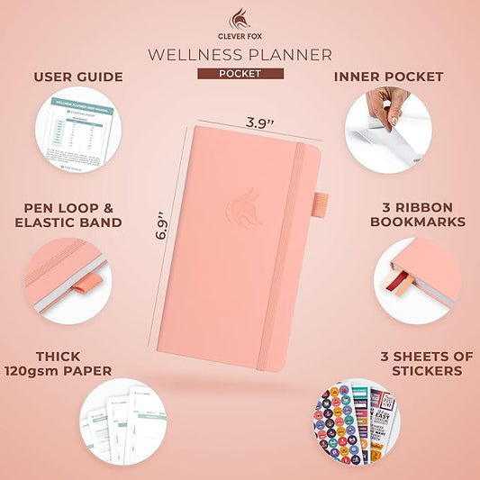 Clever Fox Wellness Planner - Weekly & Daily Health and Wellness Log, Food Journal & Meal Planner Diary for Calorie Counting, Notebook for Medical Condition Tracking – Pocket size (Light Pink)