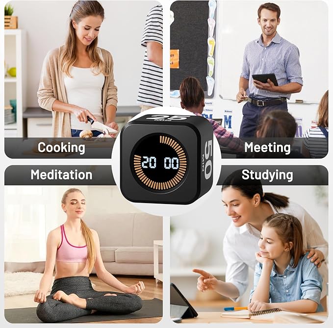 Rotating Pomodoro Timer, 5/10/25/50 Minutes, Countdown & Stopwatch, Desk Productivity, ADHD Tool Cube Flip Timer, Adjustable Silent, for Study, Work, Kitchen (Black)