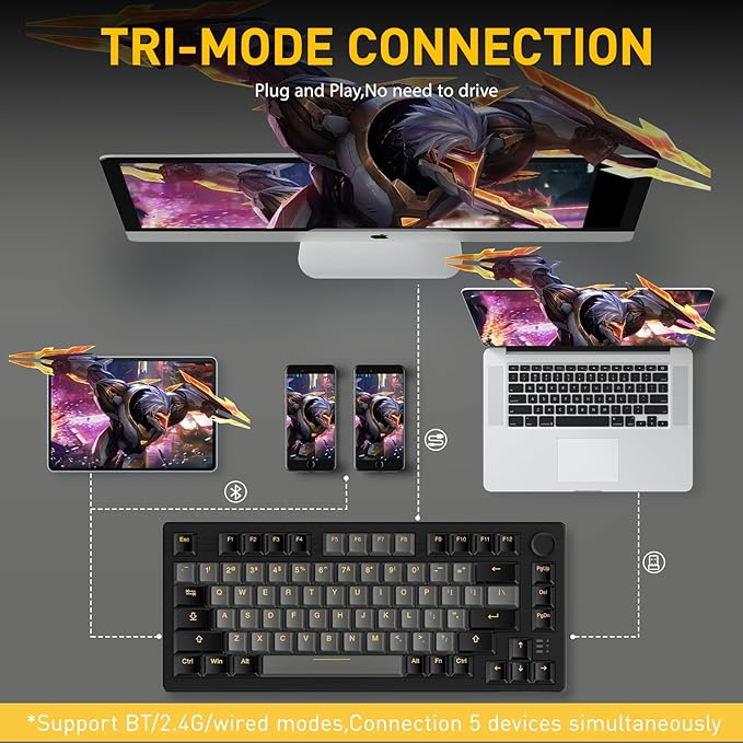 DAREU EK75PRO Wireless 75% RGB Hot-Swappable Mechanical Gaming Keyboard with Knob,2.4Ghz/BT5.1/USB-C Connectivity, 81 Keys Gasket Mount, PBT Keycaps&Linear Dream Switch for Win/MAC