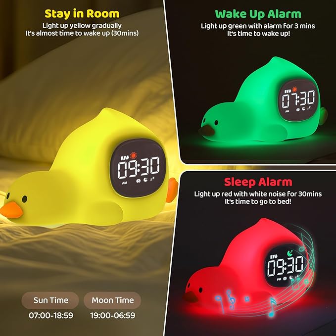 Laying Duck Alarm Clock with Night Light for Kids with Sleep Training and Sound Machine, Rechargeable Silicone Lamp OK to Wake Clock，Cute Animal Tabletop Lamp, Perfect Sleep Companion for Boys Girls