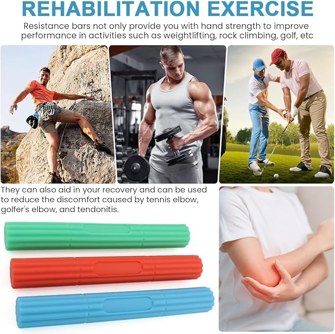 3 Pcs Flex Resistance Bars,Twist Obstruction Hand Grip Strength Trainer Resistance Bars for Golfers Elbow Tendonitis Wrist and Forearms Pain Relief(Light green Blue Orange)