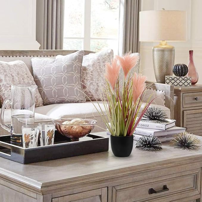 Briful Small Fake Plants 17" Faux Pink Pampas Grass Plants Decor Artificial Potted Plants for Home Office Desk Room Bathroom House Garden Indoor or Outdoor Decoration