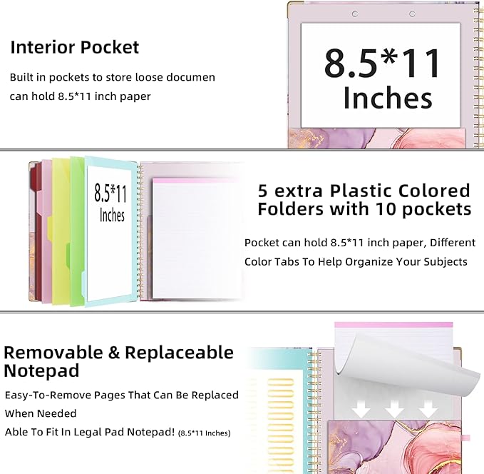 Ospelelf Clipboard with Storage 8.5 X 11，Padfolio Organizer, Spiral Portfolio Letter Size with Notepad, Pen Holder, 5 Extra Folder Divider Pages, Elastic Closure Nurse Office Essentials (Pink Marble)