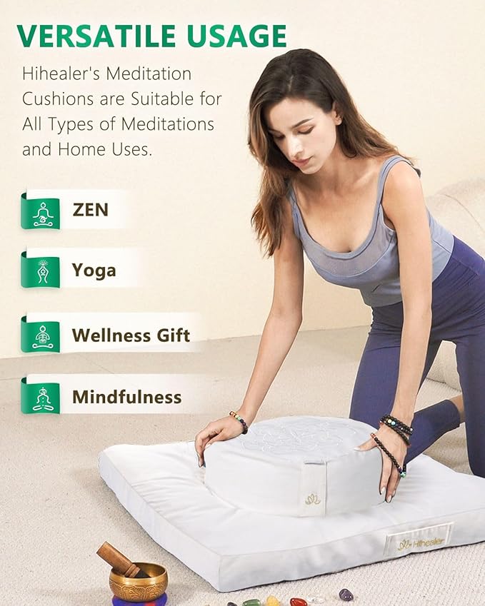 Hihealer Meditation Cushion Set Large Cotton Floor Pillow & Traditional Tibetan Yoga Bolster for Adults Zafu Meditation Mat with Buckwheat Filling (Pure White)