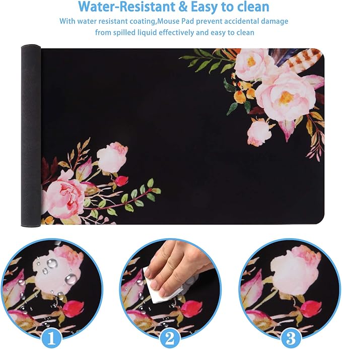 iCasso Extended Gaming Mouse Pad (35.4x15.7 in), Large Non-Slip Rubber Base Mousepad with Stitched Edges, Waterproof Keyboard Mouse Mat Desk Pad for Work, Game, Office, Home -Flower