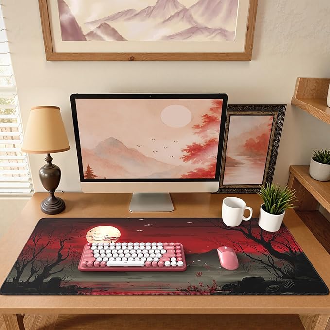 iCasso Desk Protector Mat, Large Japanese Mouse Pad, Stable Rubber Base Mousepad with Stitched Edges, Keyboard Mouse Mat Desk Pad for Work, Game, Office, Home(Full Moon)