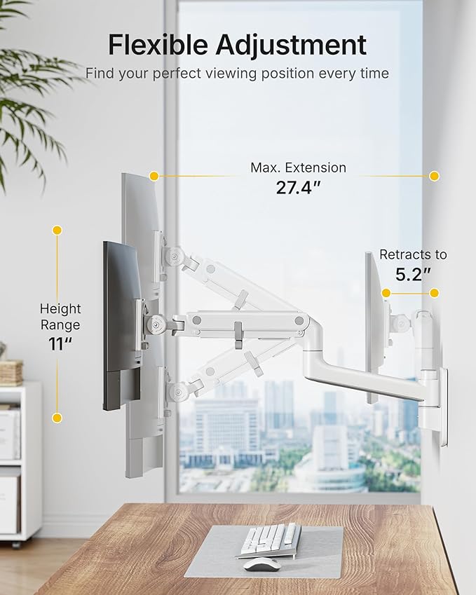 monTEK 17-49 inch Single Monitor Wall Mount for up to 44 lbs Ultrawide Screen, Premium Aluminum Heavy Duty Monitor Arm with Adjustable Gas Spring Arm, 75x75/100x100 VESA Mount, White