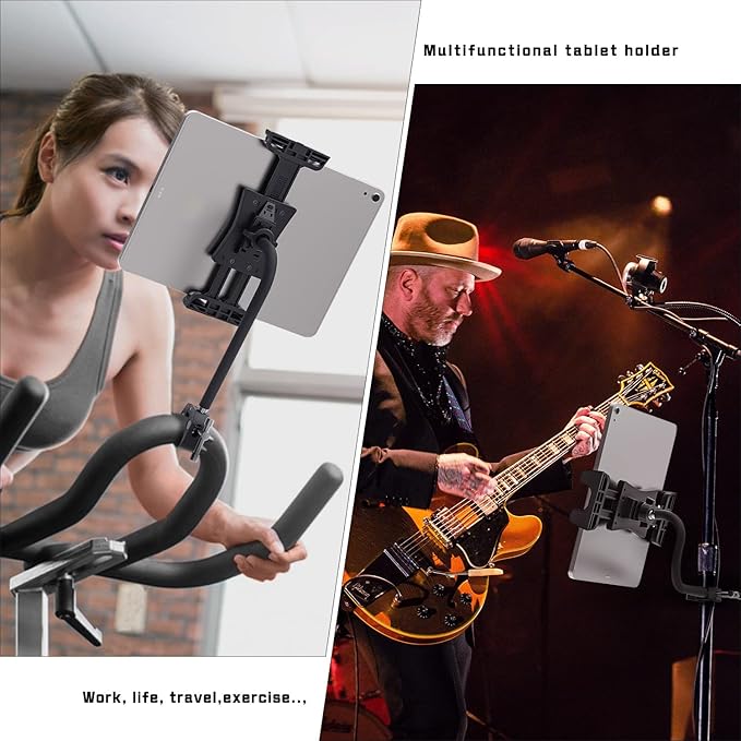 Tablet Holder for Treadmill, Gooseneck Spin Bike & Peloton Handlebar Tablet Clamp Mount Compatible with 4.7–12.9" Tablets, Perfect for Home Gym, Exercise Bike, Stroller, and Indoor Cycling