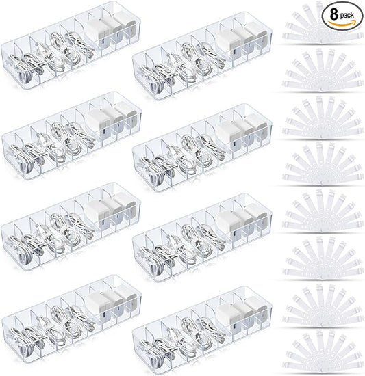 Tatuo 8 Pcs Cable Organizer with 80 Wire Ties, Plastic Cord Storage Charger Box Electronics Organizer with Adjustment Compartments Cable Storage for Drawer Home Office Desk Accessories (Clear)