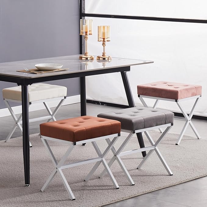 Wimarsbon Ottoman Foot Stool Tufted Vanity Stool Ottomans Thickened Cushion Footstool Mulifunctional Shoe Changing Seat Step Stools with Metal X Leg for Living Room Bedroom Velvet Grey