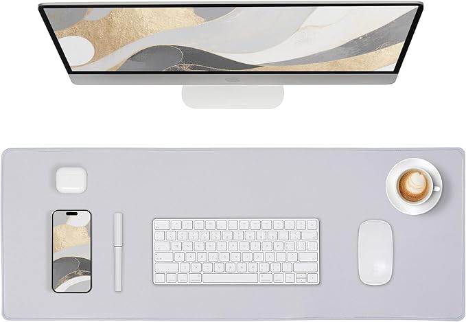 ALOANES Silvery Waterproof Desk Mat, Large Extended Mouse Mat, Office Desk Protector with Anti-Slip Base, Stitched Edge, Grain Jacquard Surface,Perfect for Gamer,Office&Home,XL(11.81''x27.56''x0.12'')