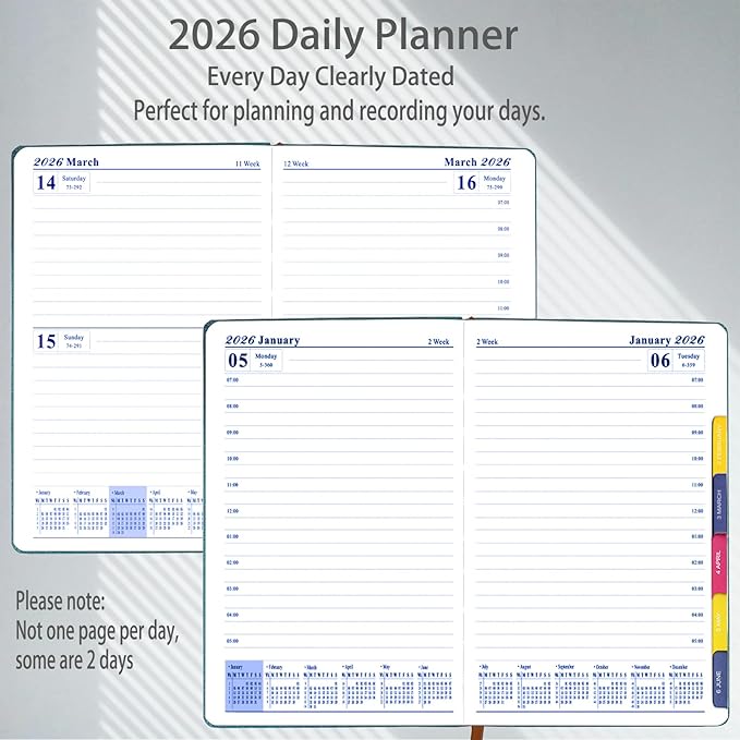 2026 Daily Planner - Appointment Book 2026, Hourly Daily & Monthly Planner with Tabs(Jan-Dec 2026), 8.26'' x 5.9'' Calendar Planner, Leather Cover + Thick Paper (26-Light Blue)