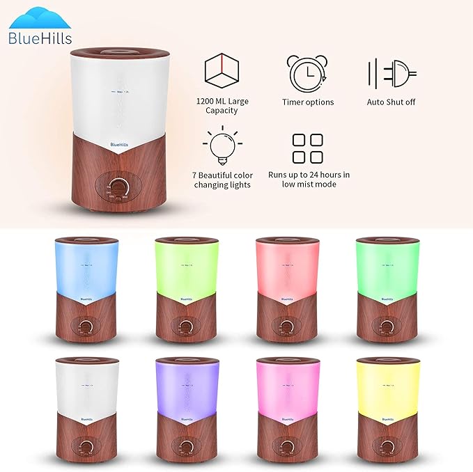 BlueHills Premium Large 1000 ML XL Essential Oil Diffuser Dark Wood Grain Aroma Humidifier 1 Liter Capacity for Big Room Home Long Run Kids Huge Coverage Area Quiet High Mist Output Large 1L A3