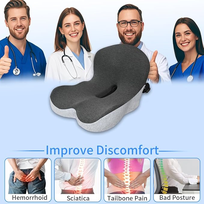 Memory Foam Seat Cushion,Office Chair Cushion with Lumbar Support for Back Pressure Relief, Car Seat Cushion with Adjustable Strap,Sciatica Pad Cushions for Car,Truck, Desk,Gaming Chair