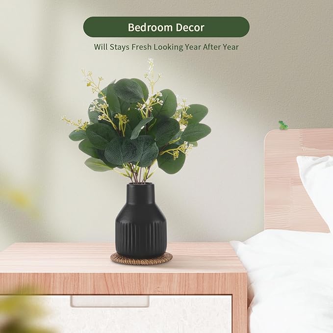 Artificial Eucalyptus Greenery Stems in Ceramic Vase,10Pcs Fake Plants Eucalyptus Leaves faux Plants for Centerpiece Table Decorations Home Room Decor office desk decor Greenery Decor indoor (Black)