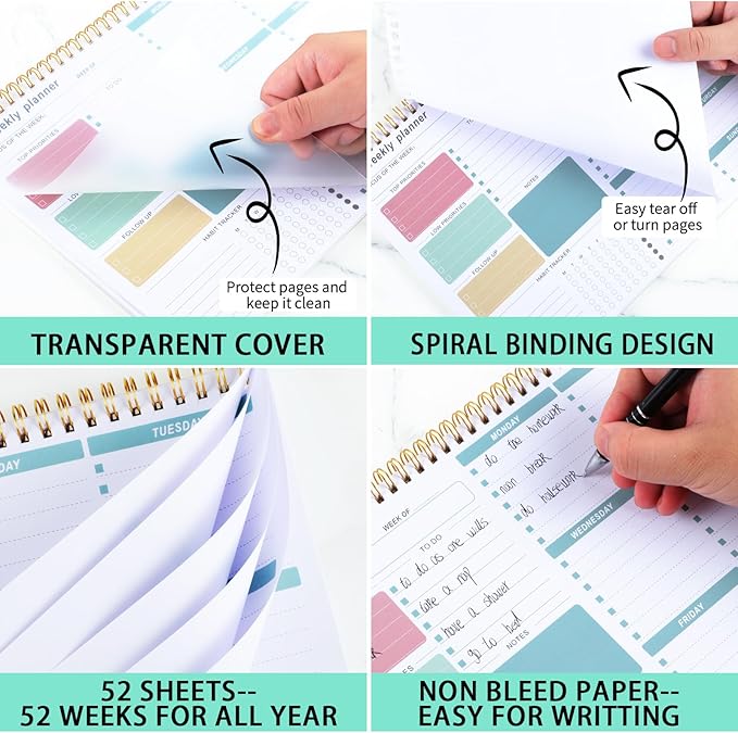 Weekly To Do List Notepad, 8.5''x11'' Weekly Desk Planner with 52 Tear Off Sheets Undated Weekly Planner Habit Tracker & Productivity Organizer for Home School and Work, Green