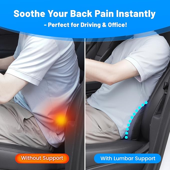 Lumbar Support Pillow for Office Chair and Car Seat - Supportive Memory Foam Cushion for Lower Back Pain Relief and Posture Correction, with Breathable Airflow Channels